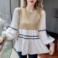 🍄Ready Stock Fashion Vintage Fake Two-Piece Shirt Women Autumn 2023 Loose Lace-Up Lantern Sleeve Long Sleeve Blouse Labuh Murah Baju Kemeja Perempuan Korean Style Plus Size Blause Wanita