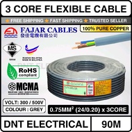 Sirim (100% Pure Copper) 0.75MM FAJAR 3 Core Flexible Cable Core | Fajar Cable Wire Wayar | PVC Cont