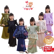 BLISS Elegant Baju Kurung Sequin Budak Perempuan Peplum Cotton Lace Kanak Kanak Baju Raya Baru