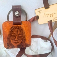 Mahogany Wood Keychain 40mm x 40mm or 1.5 x 1.5 inches.Back to Back engrave. Portrait and Text.