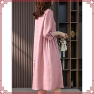 LAHSTORE straight linen dress with rolled-up sleeves and flared waist DS30 (Green)