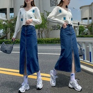 Dark blue front slit denim skirt for women Korean style high waist plus size long skirt midi ins