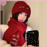 【Z*Star】 Red Hat Scarf Women's Autumn And Winter Warm Knitted Hat Ankola Red Thick Wool Hat Scarf Se