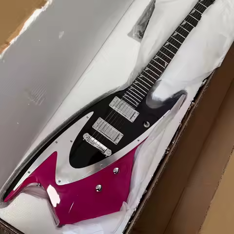 Alien Blaster Electric Guitar Contrast Finish Of Bright Magenta And Black Silver Metal Pickguard, Bl