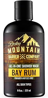 Rocky Mountain Barber Company Bay Rum All-In-One Shower Wash - Shampoo, Body Wash, Conditioner, Face Wash &amp; Beard Wash with Aloe Leaf Juice - 8 oz