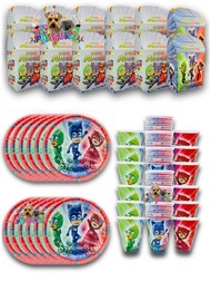 Kit de Fiesta 25 Invitados de Personaje Heroes en Pijama, PJMASKS Desechables  75pz Artículos Decoración Cartón Platos Vasos Dulceros