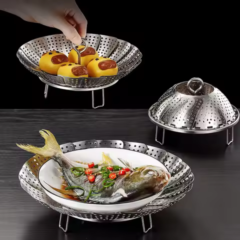 LFGB Certificated 304 Stainless Steel Kitchen Steamer Foldable Seafood and Breakfast Steaming Tool E