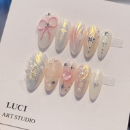 Upside down nails design L072 with mirror finish and cute 2yk embossed bow