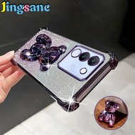 Jingsanc For VIVO V29e 5G Phone Case Clear Four Corner Anti-fall Flah Glitter Paper Bear Stand Holde
