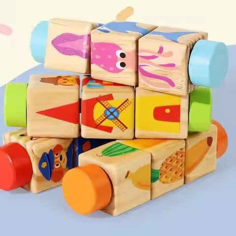 Rotating Wooden Puzzle Cartoon Animal/Fruit/Vehicle Cognition Matching Puzzle Game Montessori Educat