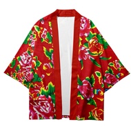 Jalan Goreng Musim Panas dan Musim Gugur Kimono Bunga Besar Timur Laut ins Bahagian Atas Saiz Besar Douyin Trend Nasional T T-Shirt Pasang Jubah Tao Lelaki Baju