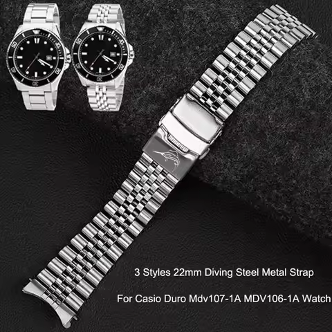 3 Styles 22mm Diving Steel Metal Strap For Casio Duro Mdv107-1A MDV106-1A Watch Wristband Bracelet W
