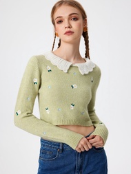 Cider Collar Floral Knit Long Sleeve Crop Sweater