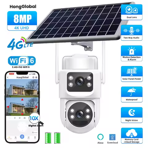 2 Lens 8MP 4K 2.4G 5G WiFi6 CCTV Wireless Solar Panel Powered PTZ Security Camera 4G Sim Card Outdoo