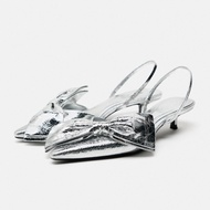 Zara2024 Spring Women's Shoes Silver Bow-Ornament Metal Cat Heel Shoes Hollow Classy Shallow Mouth Mid-Heel Sandals