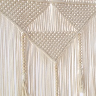 Macrame Wall Hanging Boho Woven Tapestry Beige White Tassel Decor Curtain for Home Backdrop (Wood St