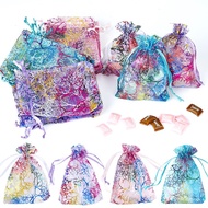 25Pcs Organza Bags for Wedding Christmas Gift Adjustable Drawstring Pouch Coral Pattern Packaging Bag Jewelry Storage