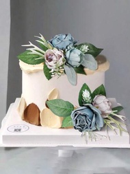 2入組蛋糕頂部裝飾,婚禮人工花卉裝飾,燒橙蛋糕頂部裝飾,適用於婚禮、周年紀念日、家居裝飾（藍色）