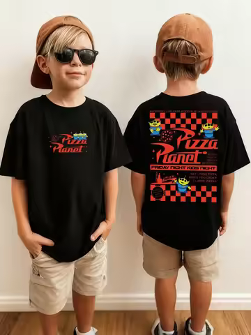 Pizza Planet T-Shirt Multiple Sizes HD Print Space Aliens Retro Fast Food Polyester Kids Black Doubl