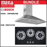 BOSCH BUNDLE: DWP96BC50B 90CM CHIMNEY HOOD + 78.5 PBD7331SG GLASS GAS HOB