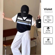 Set 2 Piece White T-shirt Mixed with Korean Style Loose Wool Gile Ap331 - Violet