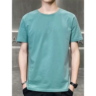 Teal Short-Sleeved T-Shirt Round Neck Solid Color Blue Green Cotton Fabric 1 Work Label