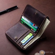 Dompet Pendek Lelaki Kulit Crazy Horse Lapisan Atas Vintage, Dompet Syiling Berzip Vertikal Kulit As