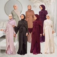 Muslimah Moden Pleated Ironless Jubah Long Dress Abaya Pleated Jubah Muslimah Dress Lace Premium Baj