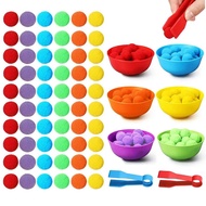 Children Counting And Sorting Toys Set 60 Pom Poms 6 Rainbow Colors Plastic Bowls With 2 Tweezers Fine Motor Skill Learning Toys