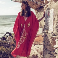 Chic Red Kaftan Dubai Abaya Arabic Style Embroidered Long Women's Maxi Dress Bohemian Breezy Homewear Lounge Wear Comfy Soft Baju Tidur UAE Pangjang Baju Kelawar