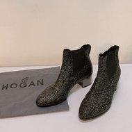 二手 近全新 狀況良好 HOGAN 亮鑽 低跟 時尚 潮流 女鞋 踝靴 馬靴38.38號半 黑色