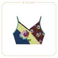 KLOSET Embellished Crop Top (SS18-T001) เสื้อสายเดี่ยวตัดต่อผ้าสีพื้นกับผ้าพิมพ์ลายดอก ดีเทลปักเลื่อม