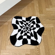 Abstract 3D Illusion Checkered Cloud Shape Tufted Rug - Handmade Modern Black and White Design - Flu
