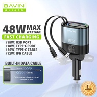 BAVIN PC2083 48W 4-in-1 Fast Charging Car Charger w/ iPh & Type-C Built-in Retractable Cables