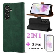 2 IN 1 Samsung Galaxy A35 5G Wallet Leather Case Casing With Curved Ceramic Film