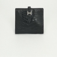 「JL精品代購」極新  Hermes 愛馬仕黑銀方塊鱷 Bearn長夾