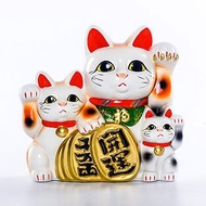 日本製常滑燒 三匹貓千萬兩開運招財福貓陶瓷擺件開業禮物存錢罐