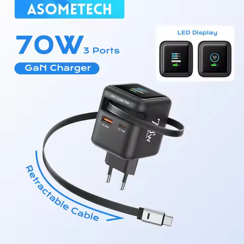 3 IN 1 GaN Charger with Retractable Cable 70W PD3.0 QC4.0 PPS 2 Type-C Travel Fast Charger for IPhon