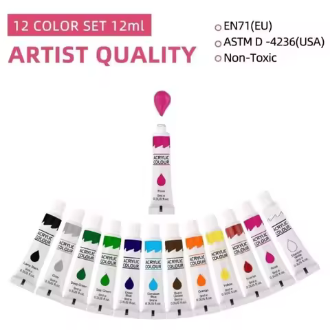 12 Color Acrylic Paint Set 9ml Tubes Waterproof Art Supplies for Beginner Artists DIY Painting on Ca