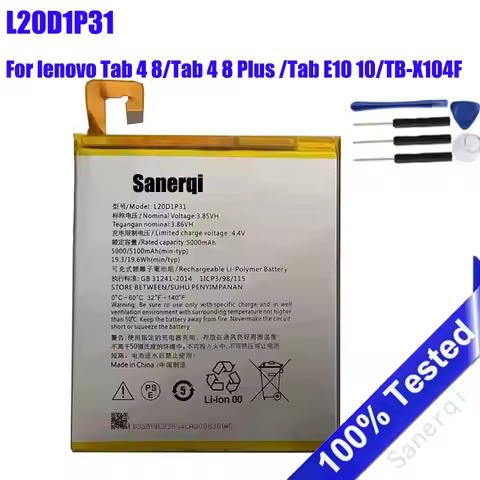 New Full 5000mAh Battery L20D1P31 For lenovo Tab 4 8/Tab 4 8 Plus /Tab E10 10/TB-X104F Battery + Fre