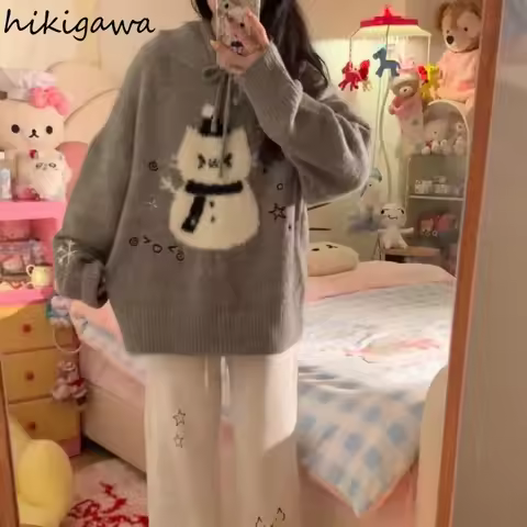 Winter Women's Clothing Cute Cartoon Pullovers Pull Femme Chic Jumper Thicked Casual Knitted Oversiz