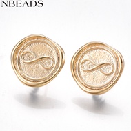 2pcs Brass Stud Earring Findings with Loop golden Flat Round with Infinity 13x13.5mm Hole: 2mm Pin: 