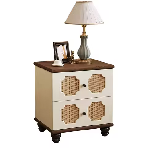Qingyuan Pavilion's new medieval rattan weaving small retro solid wood bedside table, simple modern 