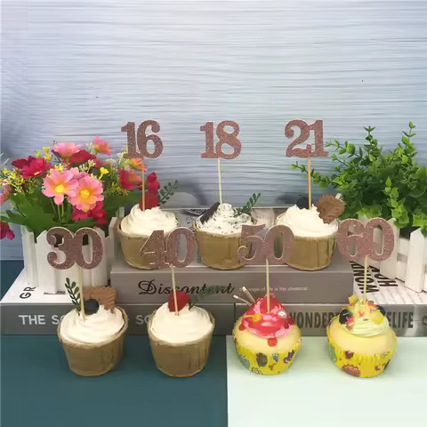 10Pcs Number 16 18 21 30 40 50 60 Year Old Cupcake Toppers For Adult Birthday Party Wedding Annivers