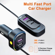 38W 6-Port Car Charger USB Type-C 1.5M Extension Cable 12V/24V