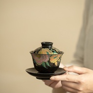 Chinese Style Peony Black Glaze Gaiwan Three-Talent Gaiwan