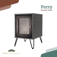Perry (Grey Stone) Bedside Table with 1 Cabinet Bedroom Furniture (EM233 Grey Stone + B308 Black) by