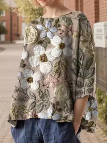 Plus Size Floral Printed Imitation Linen Women’s Vintage T-Shirt Round Neck 3/4 Sleeve Loose Summer 