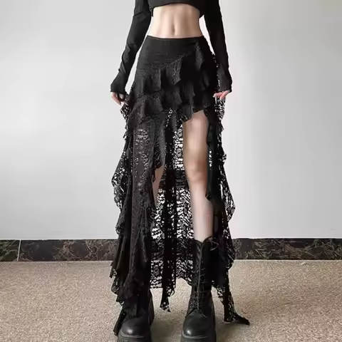 Gothic Skirt 2000s Summer Women's Clothes Gyaru Kpop Streetwear Lace High waist Casual Aesthetic Lon