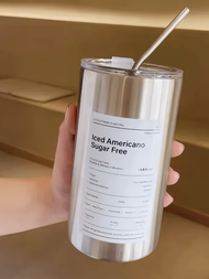 1pc 600ml/20.29OZ Stainless Steel Travel Mug, Vacuum Insulated Tumbler With Straw, Large Capacity Du